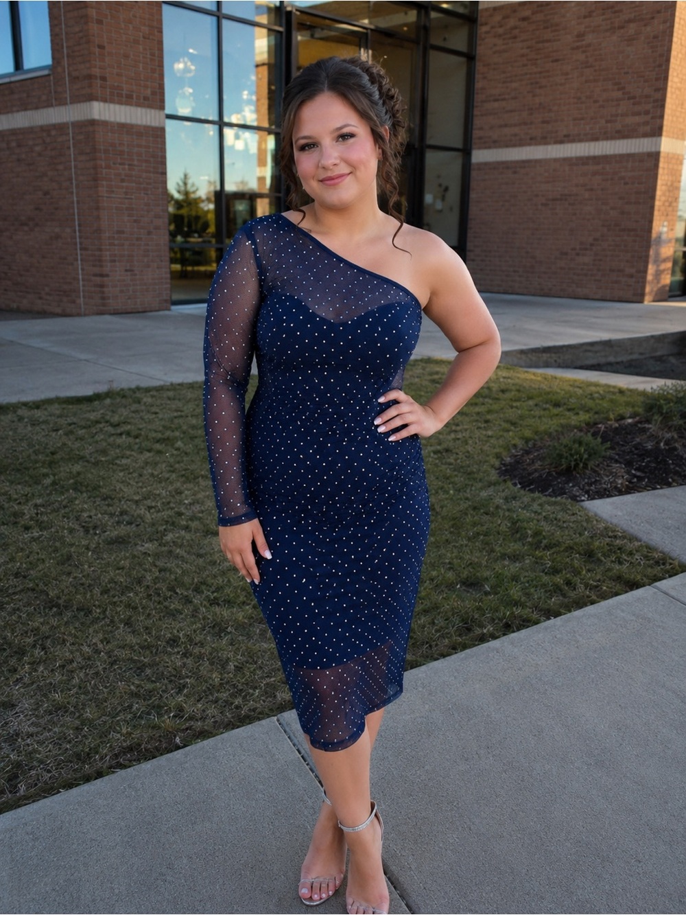 Juniors' Sheer Rhinestone Detail One-Sleeve Mini Dress